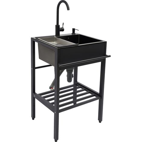 Évier autonome noir avec support - 50x35 cm - Robinet 360° eau chaude/froide - Distributeur savon - Porte-serviette - Pour cuisine, buanderie, jardin (1/5)