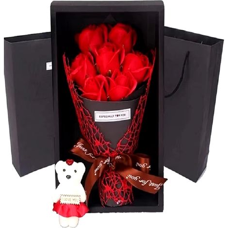 Mother's Day Gift Set - 7 Rose Artificial Flower Bouquet with Teddy Bear in Gift Box  Romantic Home Decor