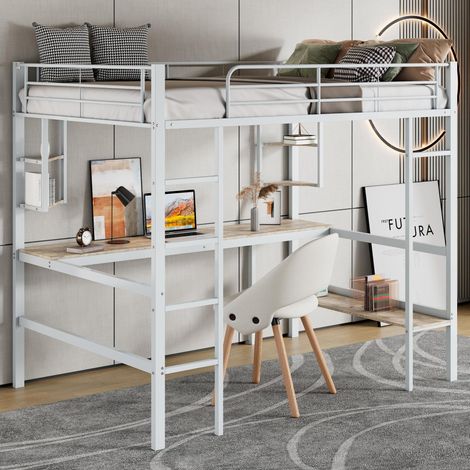 Lit mezzanine en fer - 90x200cm - avec bureau et 5 étagères - Blanc (1/5)
