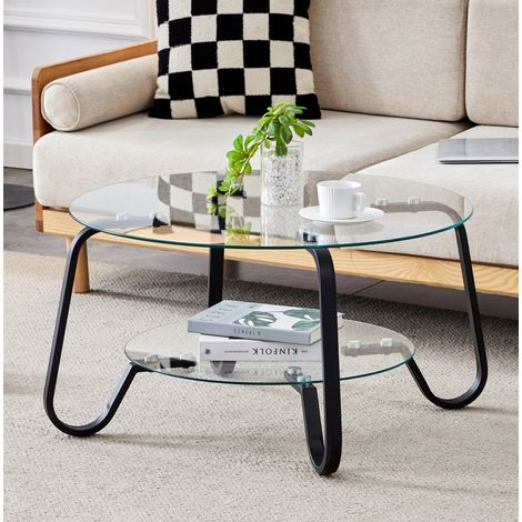 Mesa de centro redonda de 2 niveles con cristal templado y estructura metálica negra (1/5)
