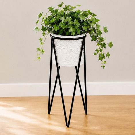 DanDiBo Blumenhocker mit Topf Metall Schwarz Weiß S 50 cm Blumenständer 96043 Blumensäule Modern Pflanzenständer Pflanzenhocker (1/5)