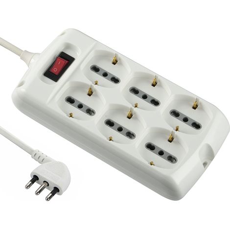 Multiprise 6 Places Polyvalente Schuko + 10/16 A avec Interrupteur et câble, Blanc, 1,5 m (1/2)