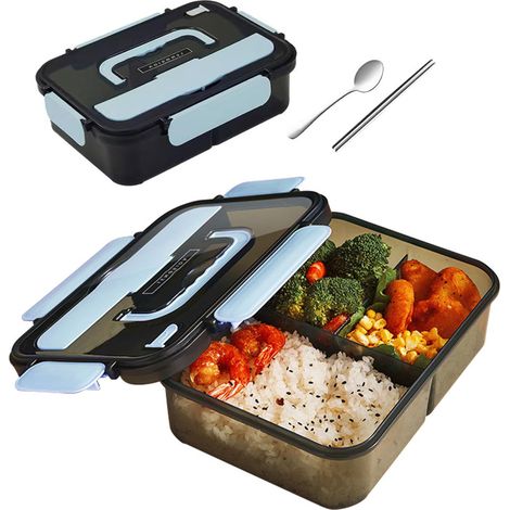 Boîte à lunch, 3 compartiments, 1500 ml, avec couverts, portable, hermétique, isotherme et réfrigérable, bleue (1/5)
