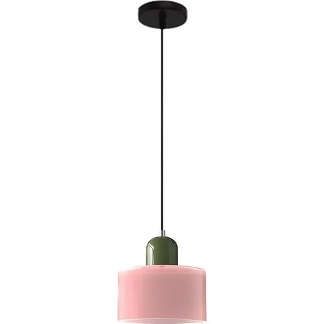 Petit lustre moderne en vitrail réglable, idéal pour une chambre, 15 cm de diamètre - douille verte + abat-jour rose. (1/5)