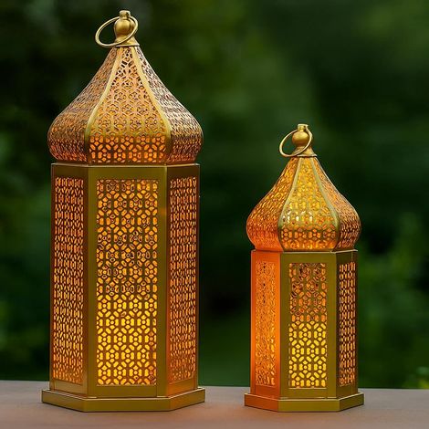 Lot de 2 Lanternes Marocaines Dorées, Design Métal Ajouré, Suspension Intérieur Extérieur, Ramadan (1/5)
