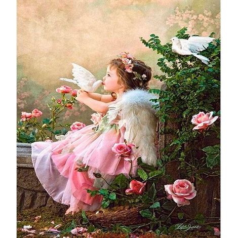 Mosaico de diamantes 5D Niña con palomas 40x30cm