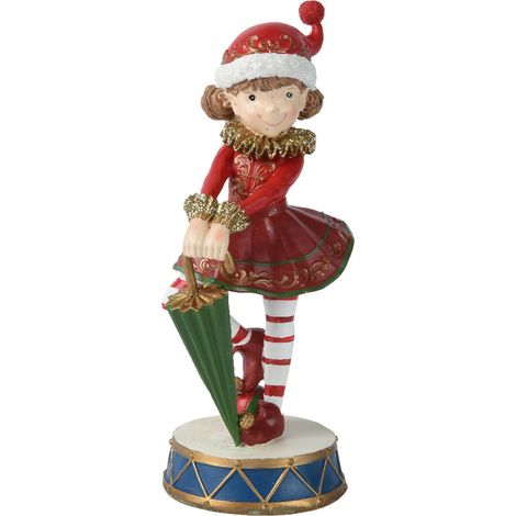 Statuetta decorativa elfo femmina con ombrello decorazione natalizia in resina da 22 cm