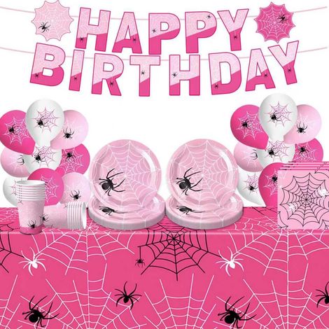 Vaisselle de fête en toile d'araignée - Thème Spider - Fournitures de fête d'anniversaire pour garçons et filles - Vaisselle décorative pour anniversaire d'enfant (rose-2) (1/4)