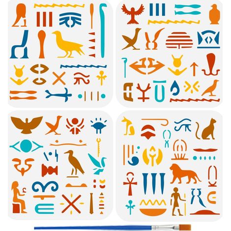 4Pcs Pochoir à Motifs Égyptiens pour Peinture Au Pinceau 15x15cm Réutilisable Oiseaux Symboles Modèle Creux Chats Personnes Pochoir Plastique Thème Égyptien Modèle pour Décoration Murale (1/5)