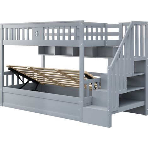 CAIziLit en bois 90200CM, lit inférieur hydraulique, escalier de rangement, étagères, lit mezzanine, lit superposé, lit ado, gris (1/5)