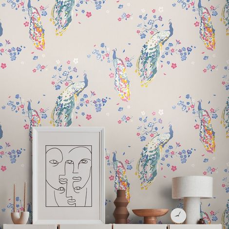 papier peint oiseaux gris, bleu, rouge, blanc et vert - Livingwalls (1/5)