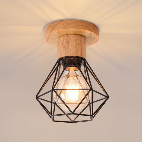 GOECO Vintage Flush Ceiling Light, Natural Wood Base Black Diamond Metal Wire Cage Ceiling Lamp, E27 Socket, for Hallway Kitchen(Bulb not included) (1/5)