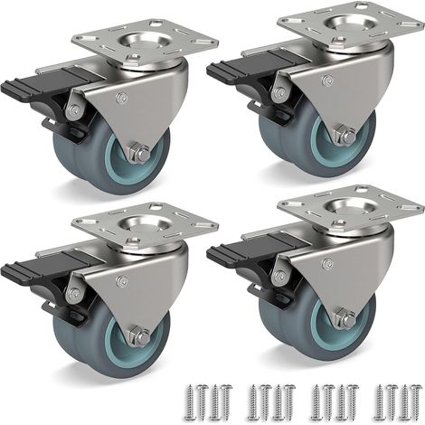 roulettes pivotantes pour meubles, roulettes doubles renforcées avec frein + vis - 50 mm, jusqu'à 160 kg - Roues en caoutchouc pour chariot (1/5)
