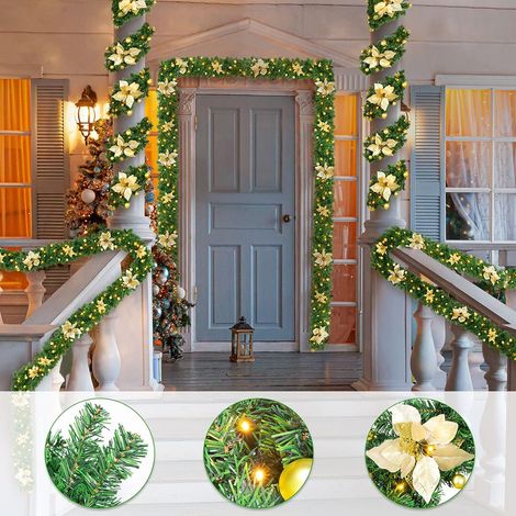 Guirlande Sapin Artificiel 2.7M,Guirlande de Noël Sapin avec LED,Couronne de Noël Porte avec 6 Crochets,pour Décor Porte Cheminée Escaliers Fête,Intérieure Extérieure  (argent)