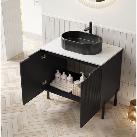 Meuble vasque sur pied style romantique français, noir mat et blanc, 2 portes, vasque ovale intégrée, 76 cm (1/5)