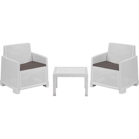 TRADE SHOP - Set Salotto Da Giardino Con 2 Poltrone Cuscini Tavolino In Polipropilene Effetto Rattan - Bianco