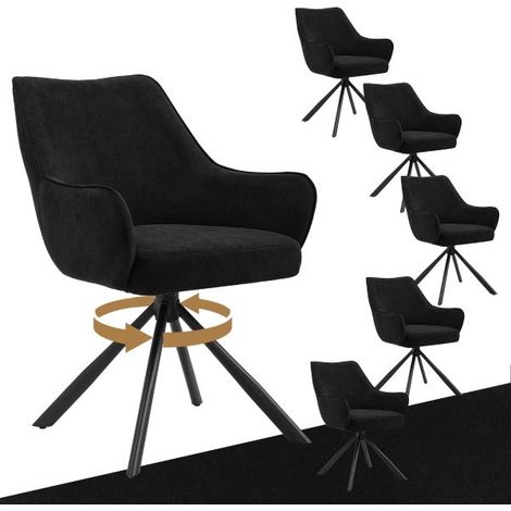 Bon Furni Samt Esszimmerstuhl Schwarz, 6er Set, 360° drehbar, ergonomisch mit Federkern, unsichtbarem Reißverschluss & verstellbaren Füßen