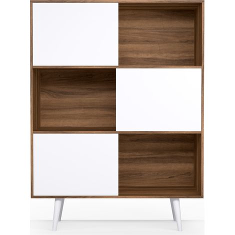 Librería, aparador de la colección NORDIC (881), en melamina con pies de madera de haya. Nogal-Blanco