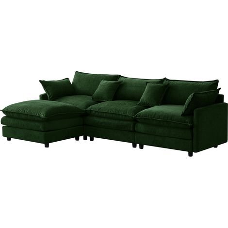 ELVMI Divano angolare modulare 3 posti con pouf mobile, struttura in legno massello, Chenille Verde (1/5)