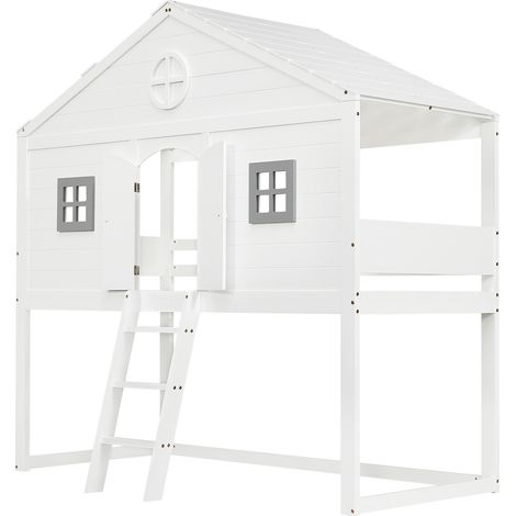 Cama alta infantil con escalera 90 x 200 cm madera y MDF blanco gris MODENUIT (1/5)