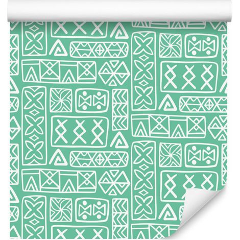 Carta da parati con motivo geometrico polinesiano, tonalità menta e mare, 50x1000 cm (1/5)