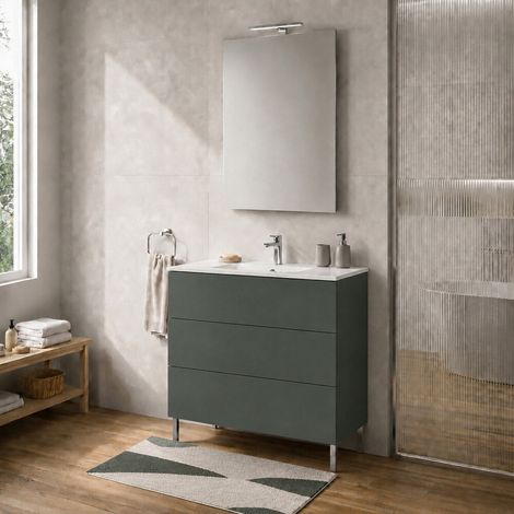 Mobile bagno a terra 100 cm verde tre cassetti push-pull con lavabo Tierra (1/5)