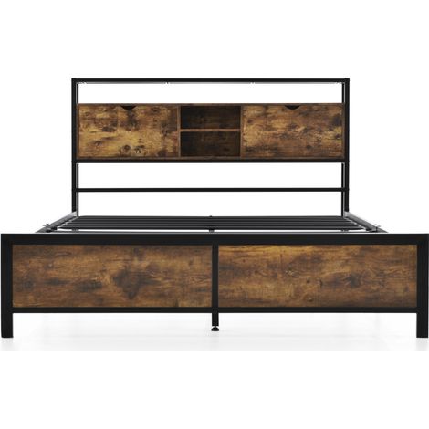 Lit en métal 140 x 200 cm, lit double, lit junior avec tête de lit de rangement et sommier à lattes en métal, lit enfant, cadre de lit en métal pour adultes, enfants et adolescents (1/5)