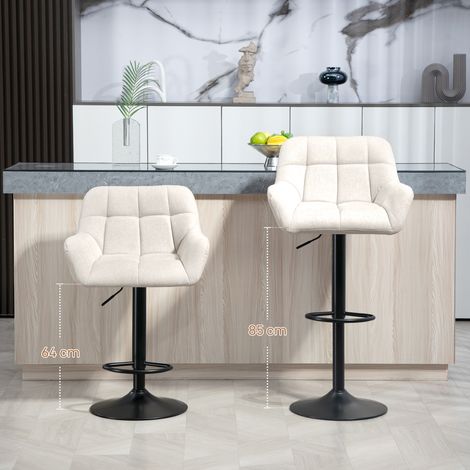Ensemble de 2 tabourets de bar vintage, hauteur ajustable, revêtement similicuir aspect lin, couleur crème et noir (1/4)