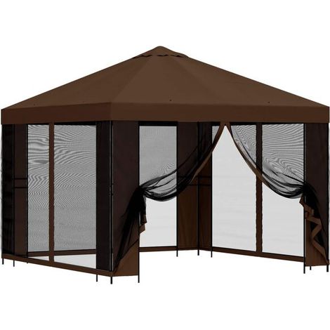 Le chalet de jardin a des murs de 3 x 3 mètres et est fabriqué en fibre de polyester marron et en acier. (1/5)