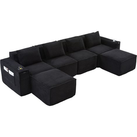 4-Sitzer modulares Sofa aus schwarzem Cord mit 2 Hockern, Becherhaltern und Seitentaschen (1/5)