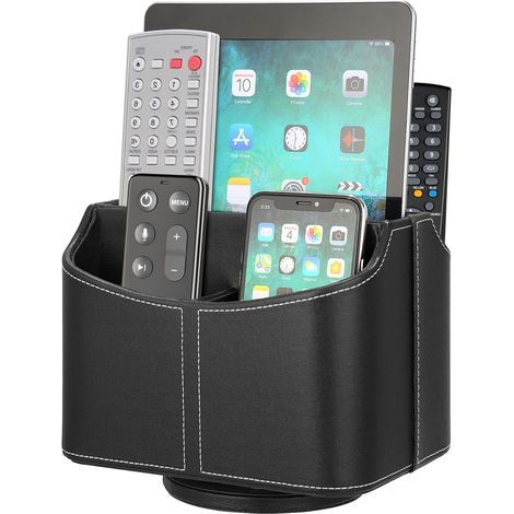 PU leather remote control holder with 5 compartments, 360° rotation, desk organizer for TV guides, mail, email, phone, glasses and cosmetic pens (black) (1/5)