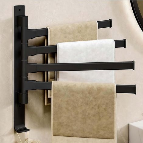 Porte-serviettes mural de douche à 4 bras pivotants, modèle épaissi avec crochets, gain de place, pour salle de bain et cuisine, 30 x 31,5 cm, noir (1/5)