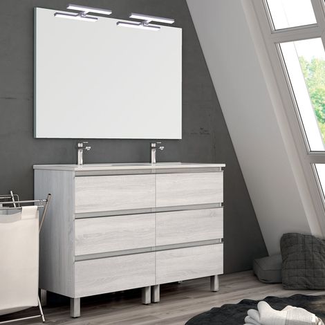Meuble de salle de bain 140cm double vasque - 6 tiroirs - hibernian (bois blanchi) - PALMA