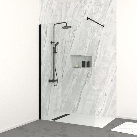 Mampara ducha 120cm - Vidrio 8mm - Perfil + Barra extensible + Columna de ducha termostática NEGRO MATE