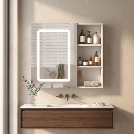 Badezimmerschrank mit Spiegel 60x15x60 cm, Hängeschrank mit LED (3 Farben) und Anti-Beschlag, Holz und Glas, Weiß
