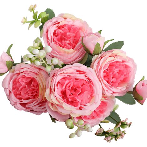 3 bouquets de 5 roses persanes artificielles, rose foncé, pour mariage, mariage, salon ou décoration intérieure. (1/5)