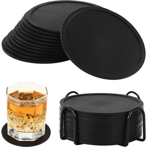 Confezione da 12 sottobicchieri rotondi antiscivolo in silicone adesivo con vassoio, adatti a diverse tazze in bar, caffetterie, case e altri luoghi. (1/2)