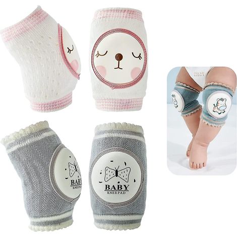 Set mit 2 Paar rutschfesten Baby-Knieschonern, Unisex-Knieschützer, atmungsaktiv und bequem für Kleinkinder beim Laufenlernen – Weiß und Grau