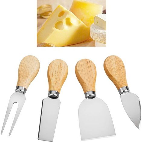Juego de 4 cuchillos para queso, Cortador de queso de acero inoxidable, rallador, Con mango de madera, Fácil de limpiar, Color plata, madera (1/5)