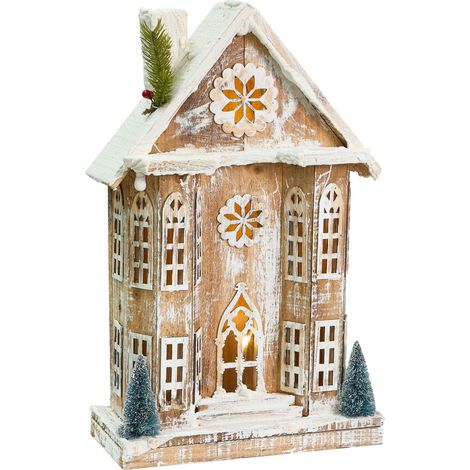 Décoration de Noël LED en Bois de Sapin en Forme de Maison Accessoire Fait Main Marron Clair Unari (1/5)