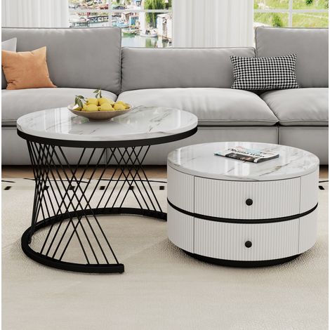 Runder Couchtisch 2er-Set, Weiß, glänzende Marmoroptik, 2 Schubladen, 30 kg HAVRYA (1/5)
