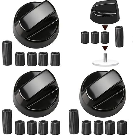 4 x Universal Rotating Hob Buttons with 12 Adapters Buttons for Oven Makers, Compatible with All Hobs, Black (1/5)