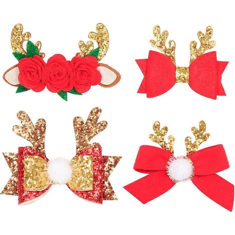Lot de 4 pinces à cheveux de Noël à paillettes, décorations en forme de bois de renne, pour enfants et petites filles. Accessoires festifs pour Noël.-M (1/3)