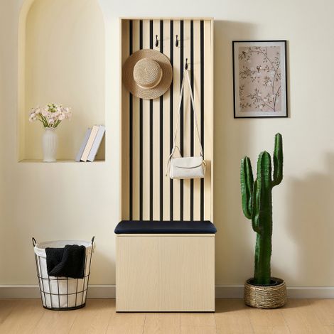 Vestiaire d’entrée avec banc rembourré, 4 crochets et coffre de rangement, 61 x 35 x 179,5 cm, MDF, bois naturel (1/5)