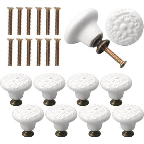 10 Pièces Bouton de Meuble Porcelaine 34mm - Vintage pour Portes, Placards, Tiroirs, Buffets - Avec Vis (Blanc) (1/5)