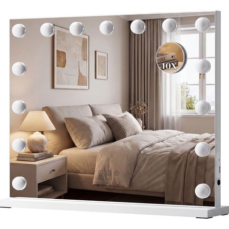 LED Schminkspiegel 58x48 cm – Hollywood Spiegel Kosmetikspiegel mit Beleuchtung, 3 Lichtfarben dimmbar, abnehmbare 10-fach Vergrößerung, Tisch- & Wandspiegel, weiß (1/3)