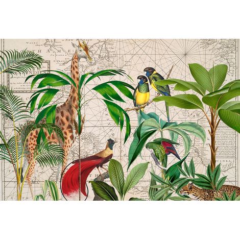 Papier peint panoramique palmier & animaux multicolore Tapisserie panoramique tropicale carte vintage Papier peint panoramique cage d'escalier (1/2)