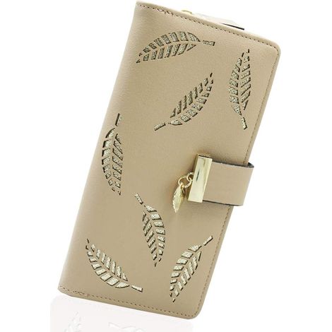 Portefeuille long zippé en cuir avec feuilles découpées (kaki) (1/2)