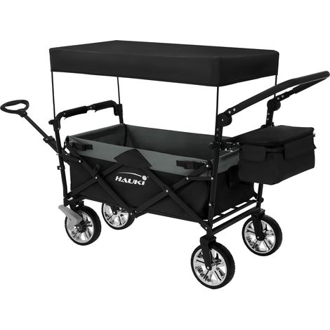 Hauki Bollerwagen XXL faltbar mit Dach & Tasche, Schwarz-Grau, Handwagen klappbar zum Schieben & Ziehen, Kinder Transportwagen, 360° drehbare Vorderräder, PU Räder mit Bremsen, Transportkarre 120 kg (1/5)