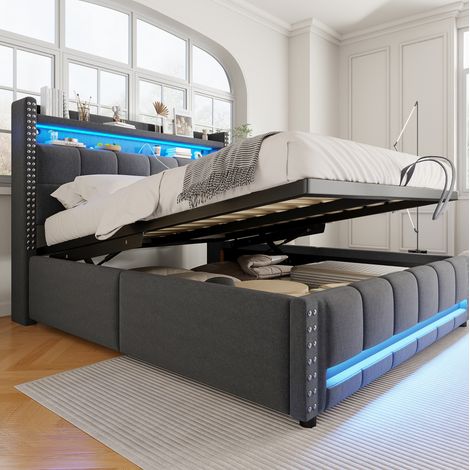 Polsterbett 140/200 cm grau aus Leinenstoff mit LED, USB und Stauraum (1/5)